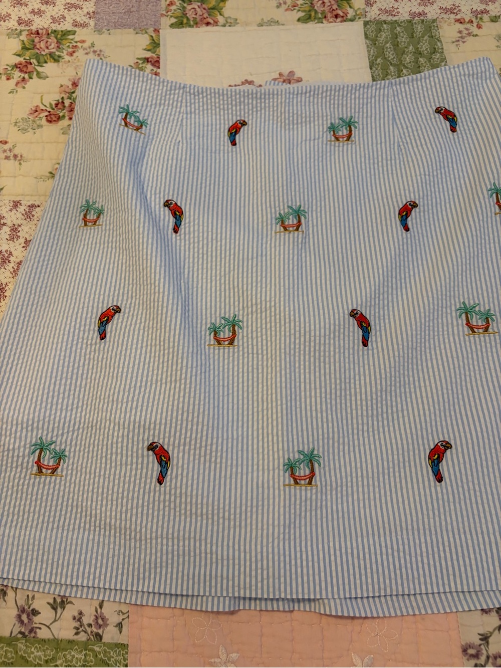 Castaway Light Blue Seersucker Skirt with Tropical Parrot Embroidery